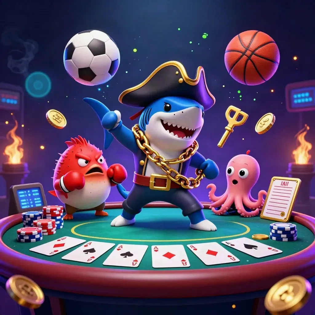 Pirate shark, pufferfish, and octopus amid poker chips, balls, and neon casino glow.