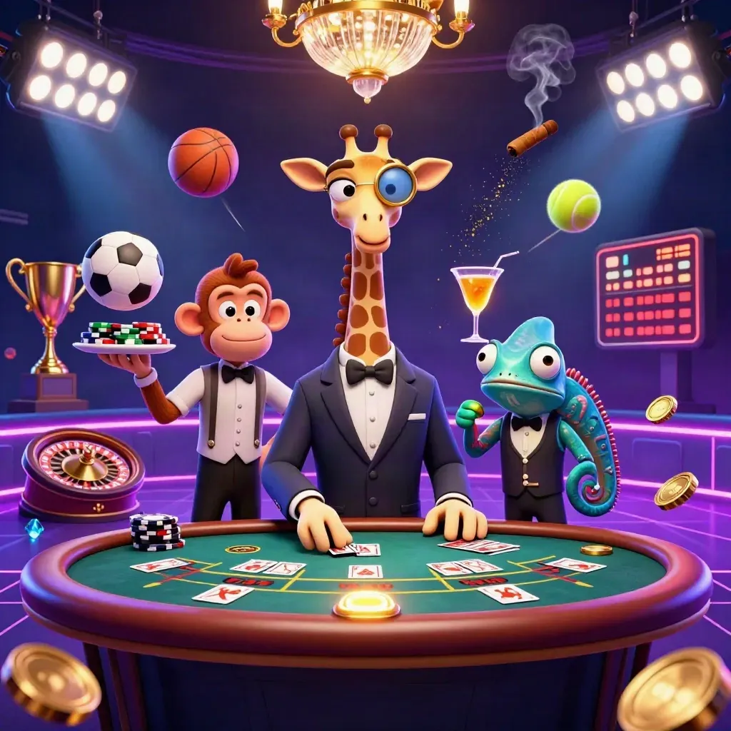 3D giraffe, monkey valet, and chameleon bartender in a neon casino with flying sports balls