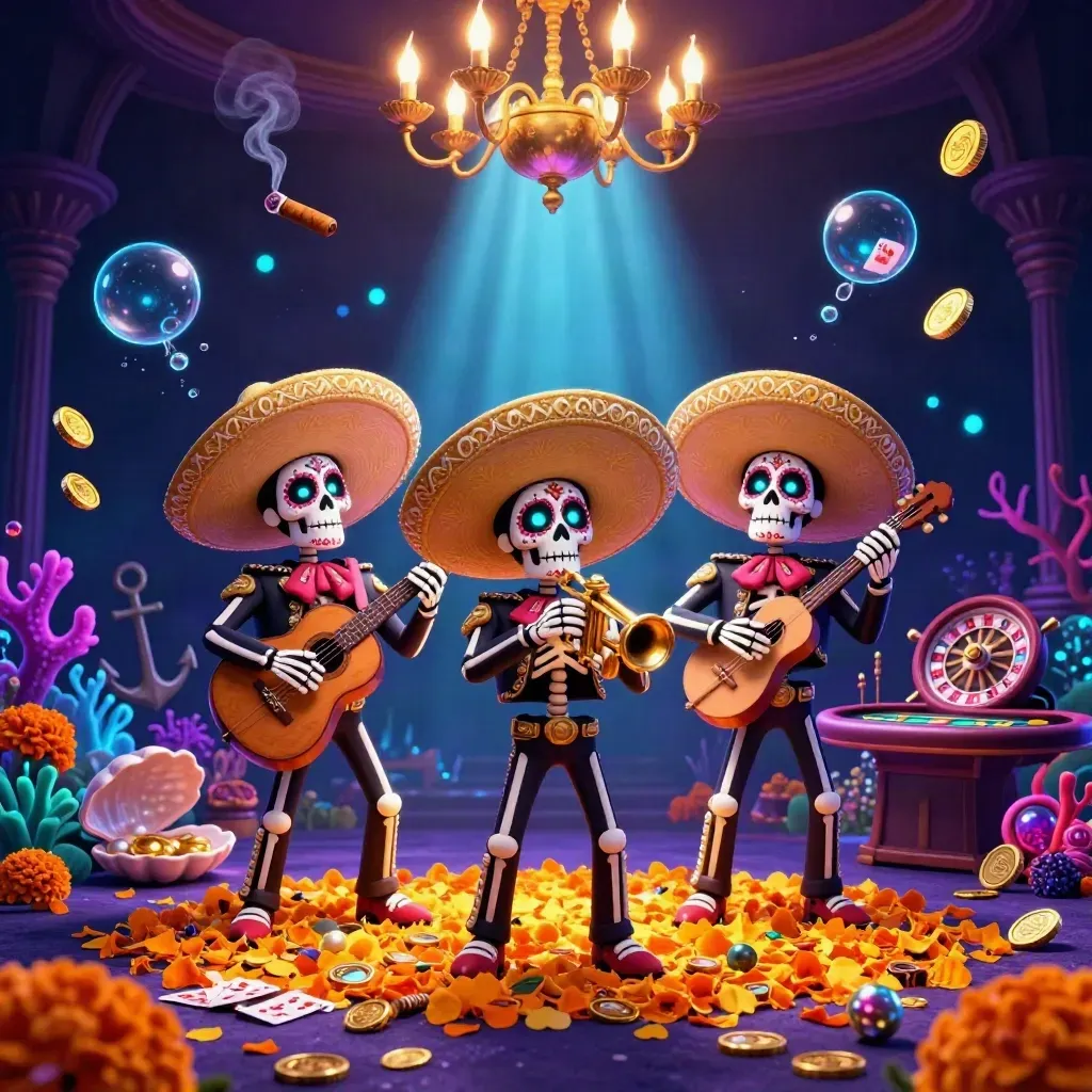 Skeleton mariachi trio in a glowing underwater casino with coins, coral, roulette wheel and cards.