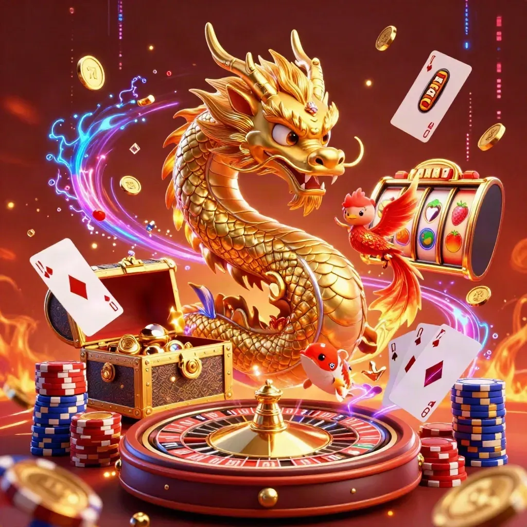 Golden dragon, phoenix, koi, coins, chips, cards, and neon casino effects in a fiery 1:1 scene.