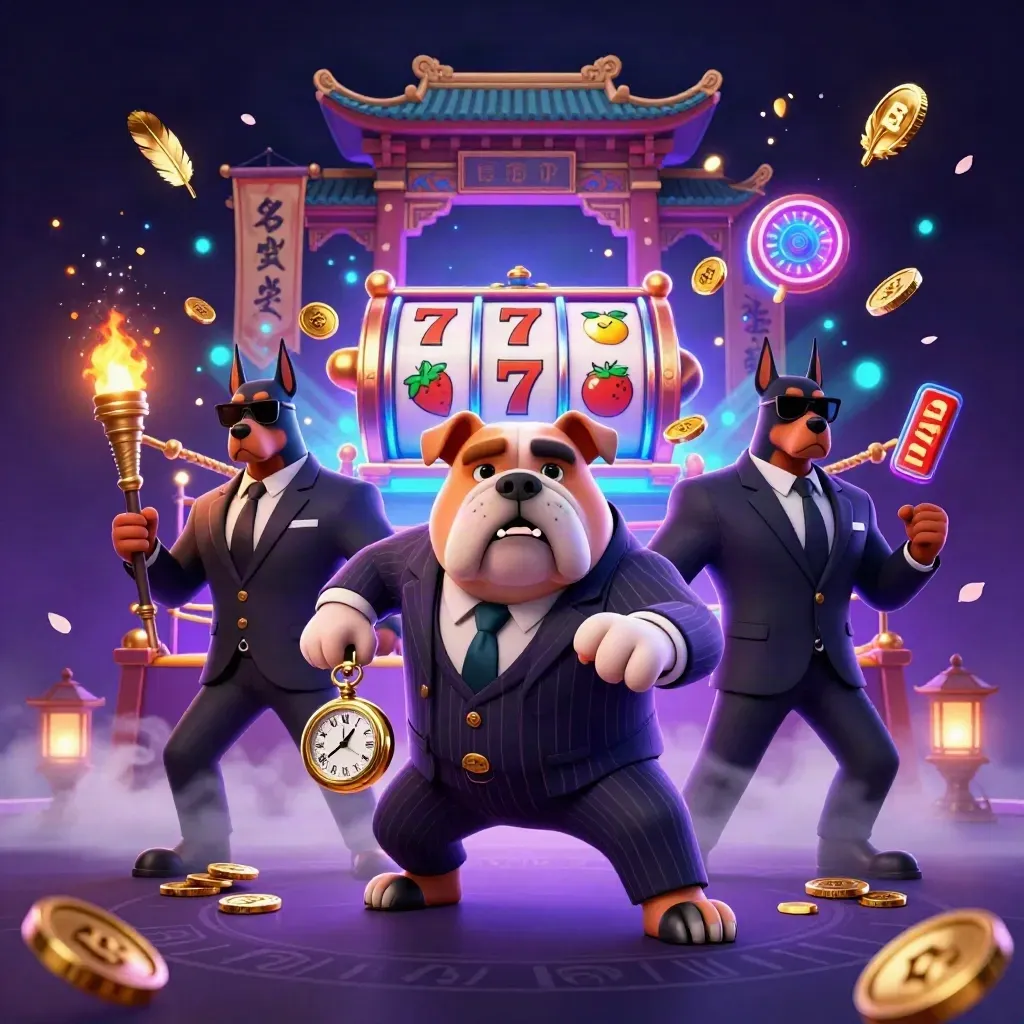 Bulldog mafia boss with two Dobermans in neon casino chaos, coins, temple gate, and glowing jackpot effects.