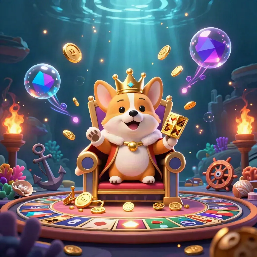 Royal corgi and cat butler amid coin shower in an underwater casino treasure cove.