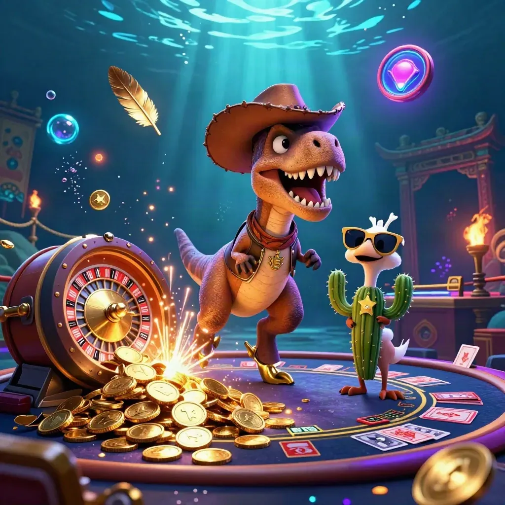 Neon casino celebration with cowboy T-Rex, cactus sidekick, sheriff roadrunner, coins and fireworks.