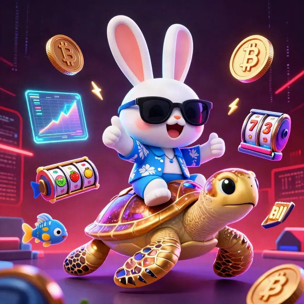 Cartoon rabbit riding a golden turtle amid neon coins, slots, lightning, and a dark casino skyline.