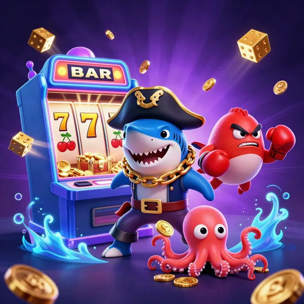 Pirate shark, boxing pufferfish and juggling octopus amid slot reels, gold and neon energy.